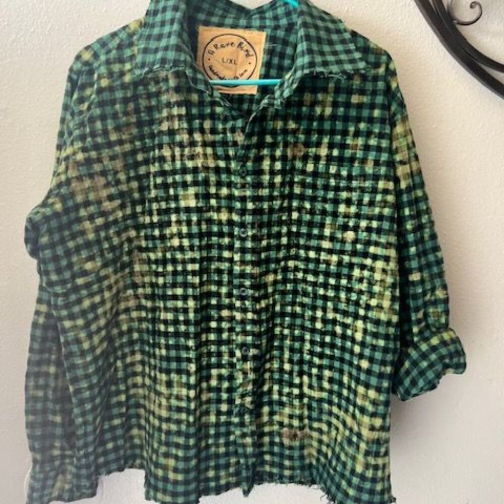 A Rare Bird Handmade Cotton Plaid Shirt With Santa Design tie dye bleached